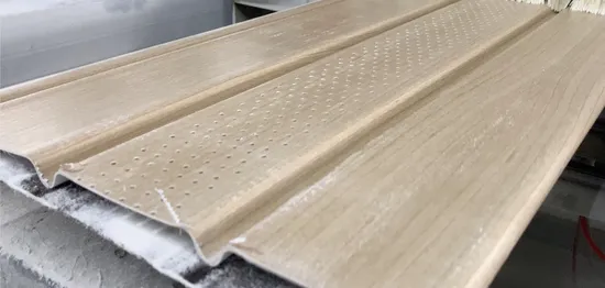 10 Years Color Guarantee Brown Teak Wood Pattern Balcony Ceiling and Eave PVC Decoration Soffit Panel 